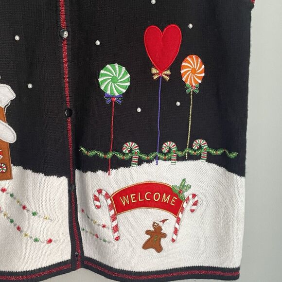 Gingerbread Christmas Tree Faux Pearl Sweater Vest XXL Sz 20 Black Lollipops Fun - Picture 12 of 14